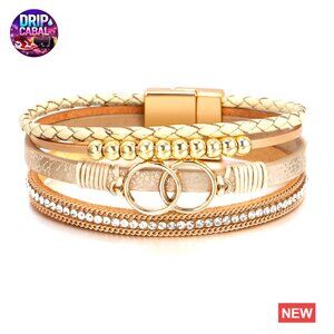 Leopard Print Leather Wrap Bracelet Boho Multi-Layer Pearl Crystal Bangle